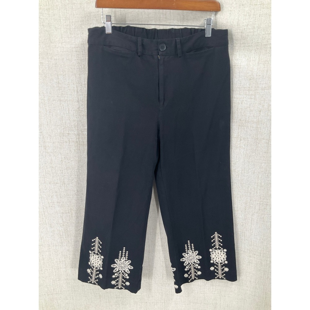 Johnny Was Workshop Pants Women M Black Boho Floral Embroidered Cropped Luxury